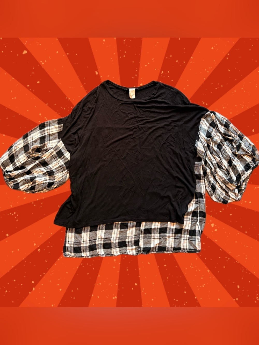 Knit T-shirt Top with Black & White Plaid Puff Sleeves